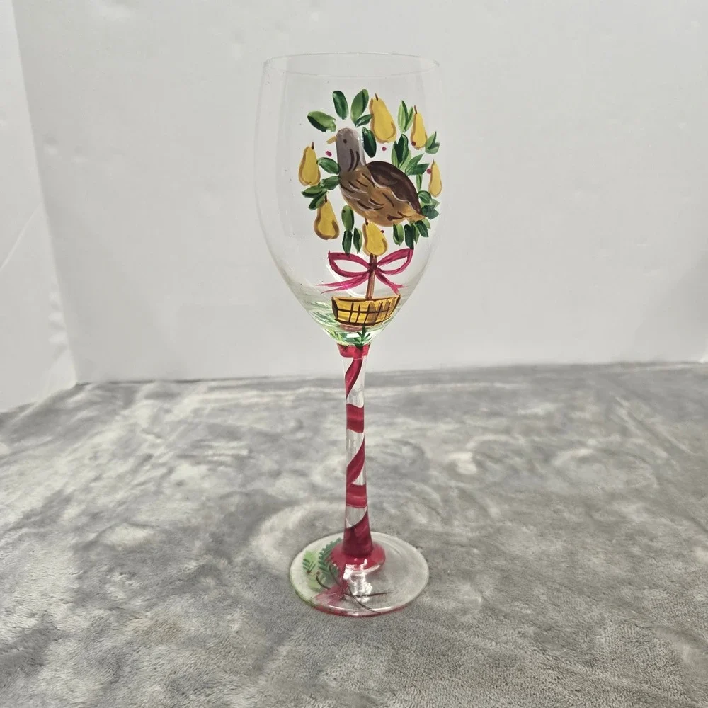 Hand Painted Christmas Wine Glass Partridge in a Pear Tree Holiday Stemware 9in